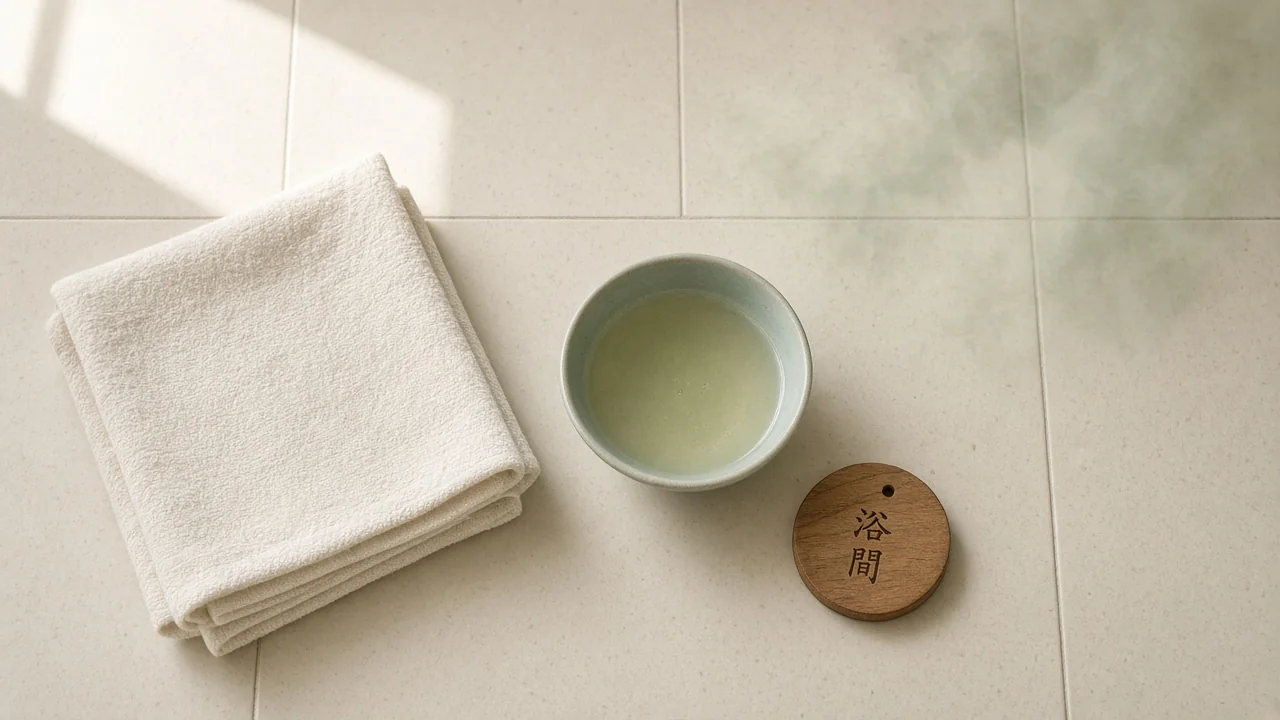 牙色浴房里摊着毛巾、茶盏和木牌